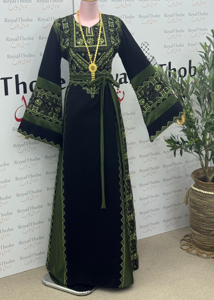 Black /Olive Green Simple Satin Long Full Embroidered Thobe