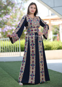 Navy Blue Simple 6 Lines Flower Full Embroidered Thobe