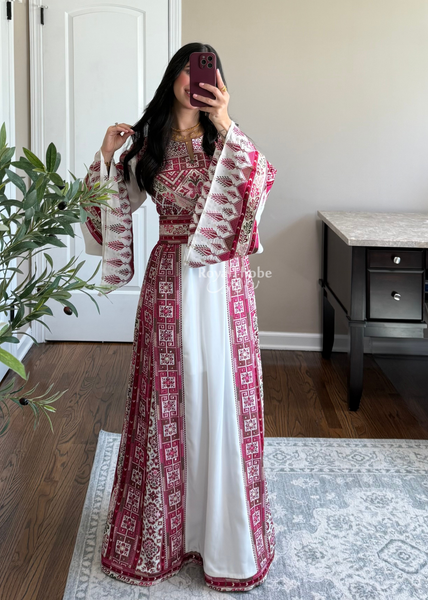 White/ Pinkish Maroon Simple Full Embroidered Thobe