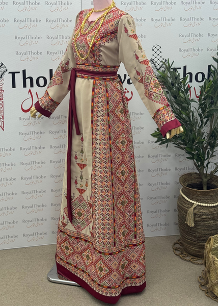 Beige / Burgundy Sahem Long Full Embroidered Thobe