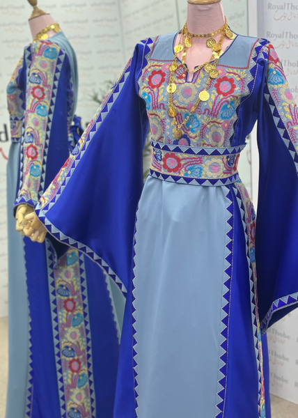 Light Blue/Royal Blue Floral Satin Long Full Embroidered Thobe