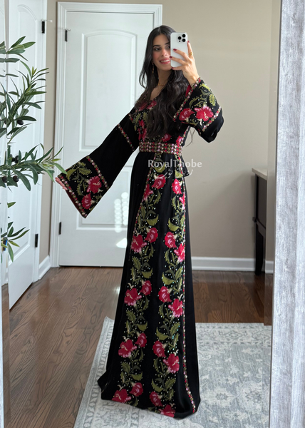 Floral Black/Red Long Full Embroidered Thobe
