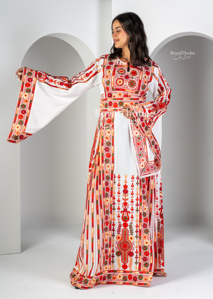 White/Red Flare Flower Maleka Long Full Embroidered Thobe