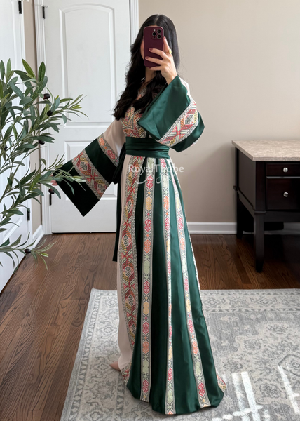 Beige/Olive Green Simple Full Embroidered Thobe