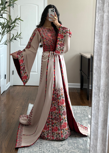 Bridal Beige/Burgundy Warda Full Embroidered Thobe