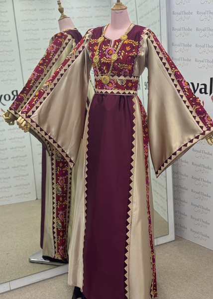 Burgundy/Beige Floral Satin Long Full Embroidered Thobe