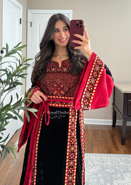 Velvet Black/Burgundy Simple Long Fully embroidered Thobe