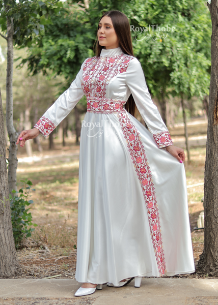 White/Red Satin Turtleneck Modern Long Embroidered Dress