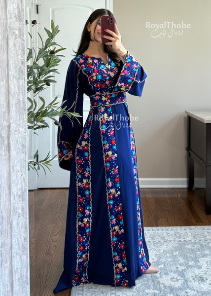 Royal Blue Elegant Floral Full Embroidered Thobe