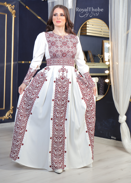 White/Burgundy Modern Puff Shoulder Style Long Embroidered Dress