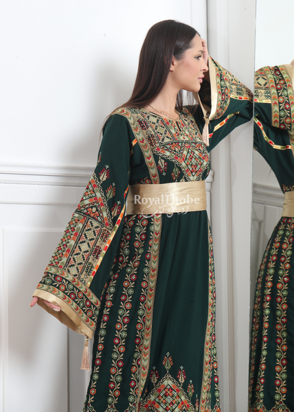 Olive Green Flower Lines Side Full Embroidered Thobe