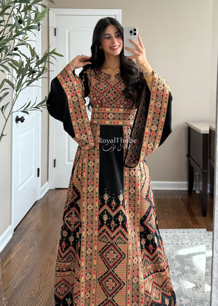 Black//Gold Dimond Long Full Embroidered Linen Fabric Thobe