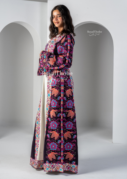 White/Purple Wardeh Long Full Embroidered Thobe