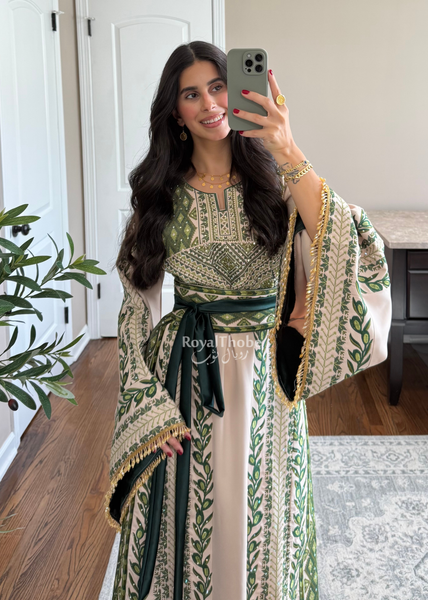 Beige/ Olive Green Zaytona Branches Full Embroidered Thobe With Fringe Sleeves