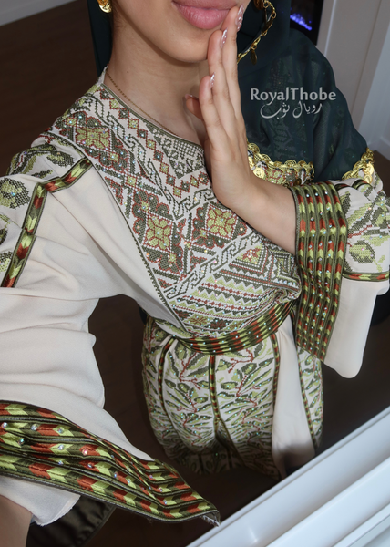 Beige/ Green & Brown Olive Branches Long Full Embroidered Thobe.