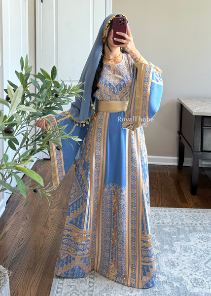 Blue /Gold Flower Malekah Full Embroidered Thobe
