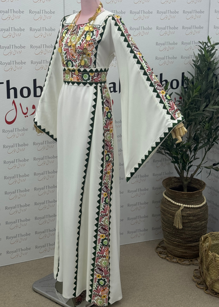 White/ Olive Green Simple Floral Long Embroidered Thobe