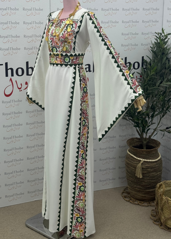 White/ Olive Green Simple Floral Long Embroidered Thobe