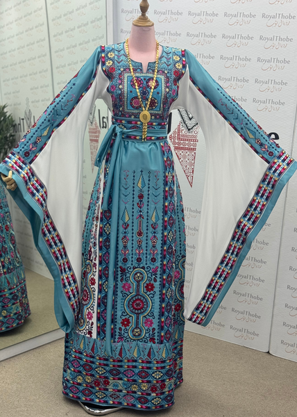 Baby Blue/White Maleka Long Full Embroidered Thobe