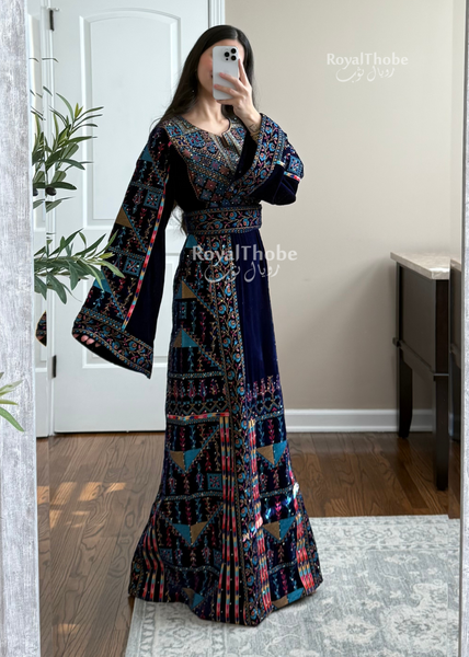 Velvet Royal Blue Straight Cut Long Full Embroidered Thobe