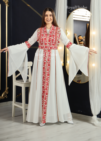 White/Red Simple Flower Embroidered Kaftan