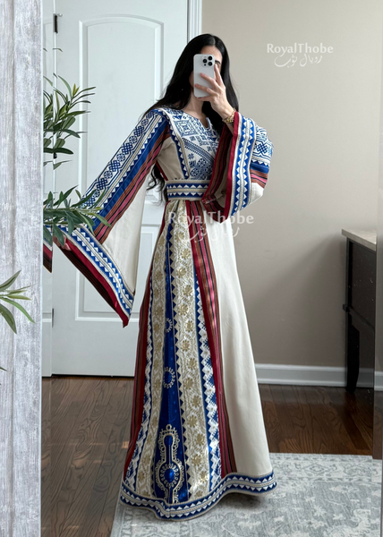 Cream/Royal Blue Maleka Majdlawe Long Full Embroidered Thobe