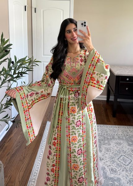 Beige/Sage Floral Long Full Embroidered Thobe