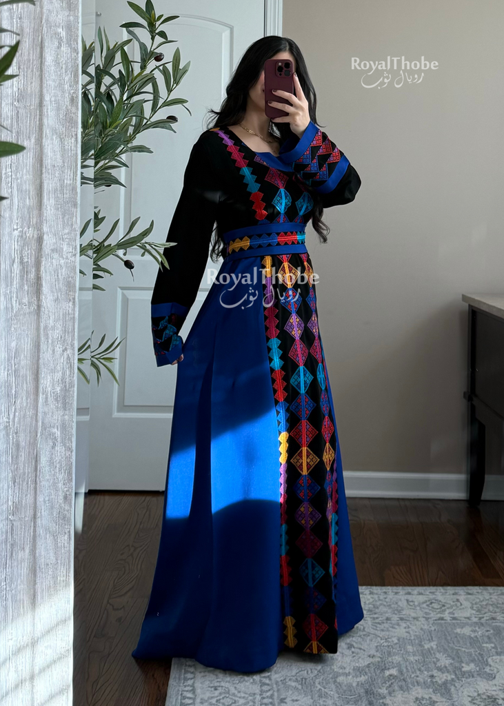 Colorfull Thobe Black/Royal Blue Colorful Square Neck Long Full Embroidered Thobe