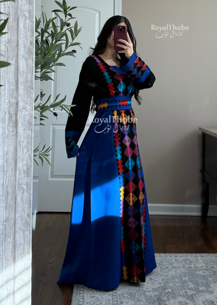 Black/Royal Blue Colorful Square Neck Long Full Embroidered Thobe