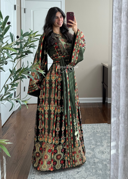 Olive Green Satin & Black Velvet Maleka Fully Embroidered Thobe