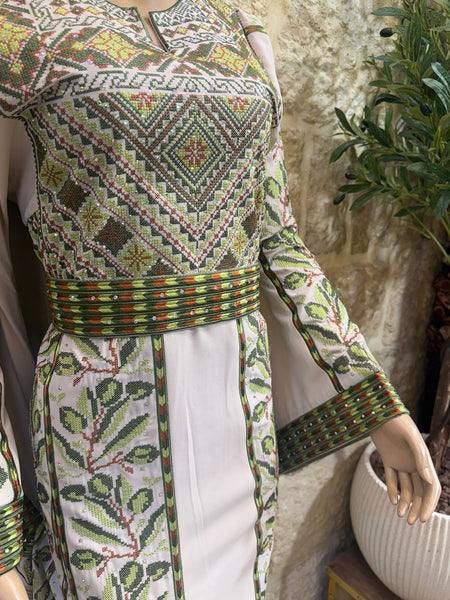 Beige/ Green & Brown Olive Branches Long Full Embroidered Thobe.