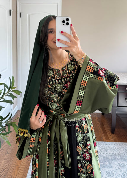 Black/Olive Green Orange Floral Long Full Embroidered Thobe