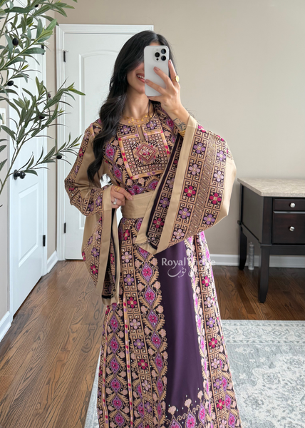 Purple/Beige Floral Long Full Embroidered Thobe With Reversible Beige Satin Belt