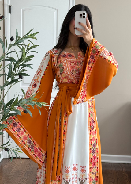 White/ Mustard Orange Maleka Floral Long Embroidered Thobe