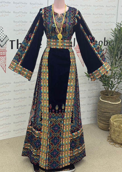 Velvet Navy Blue Dimond Long Full Embroidered Thobe