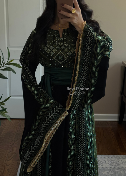 Black/ Olive Green Zaytona Branches Full Embroidered Thobe