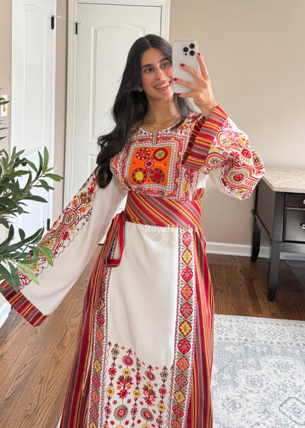 Sunset White/Orange Saya Maleka Full Embroidered Thobe