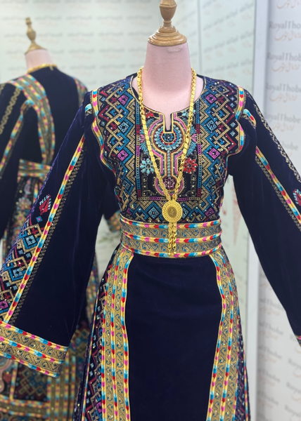 Velvet Navy Blue Dimond Long Full Embroidered Thobe