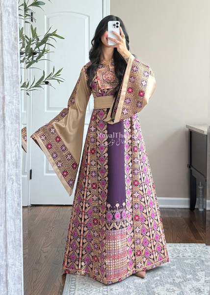 Purple/Beige Floral Long Full Embroidered Thobe With Reversible Beige Satin Belt