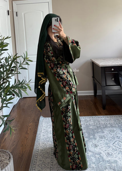 Black/Olive Green Orange Floral Long Full Embroidered Thobe
