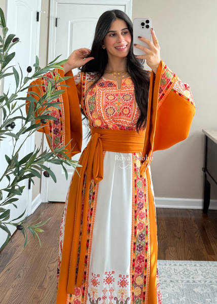 White/ Mustard Orange Maleka Floral Long Embroidered Thobe