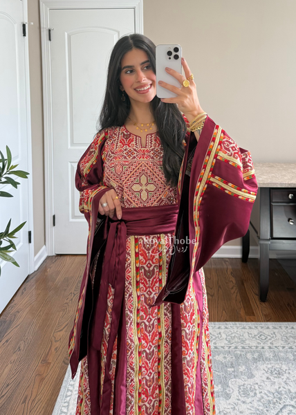 Burgundy Satin Kasab Full Embroidered Thobe