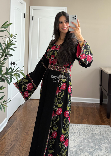 Floral Black/Red Long Full Embroidered Thobe