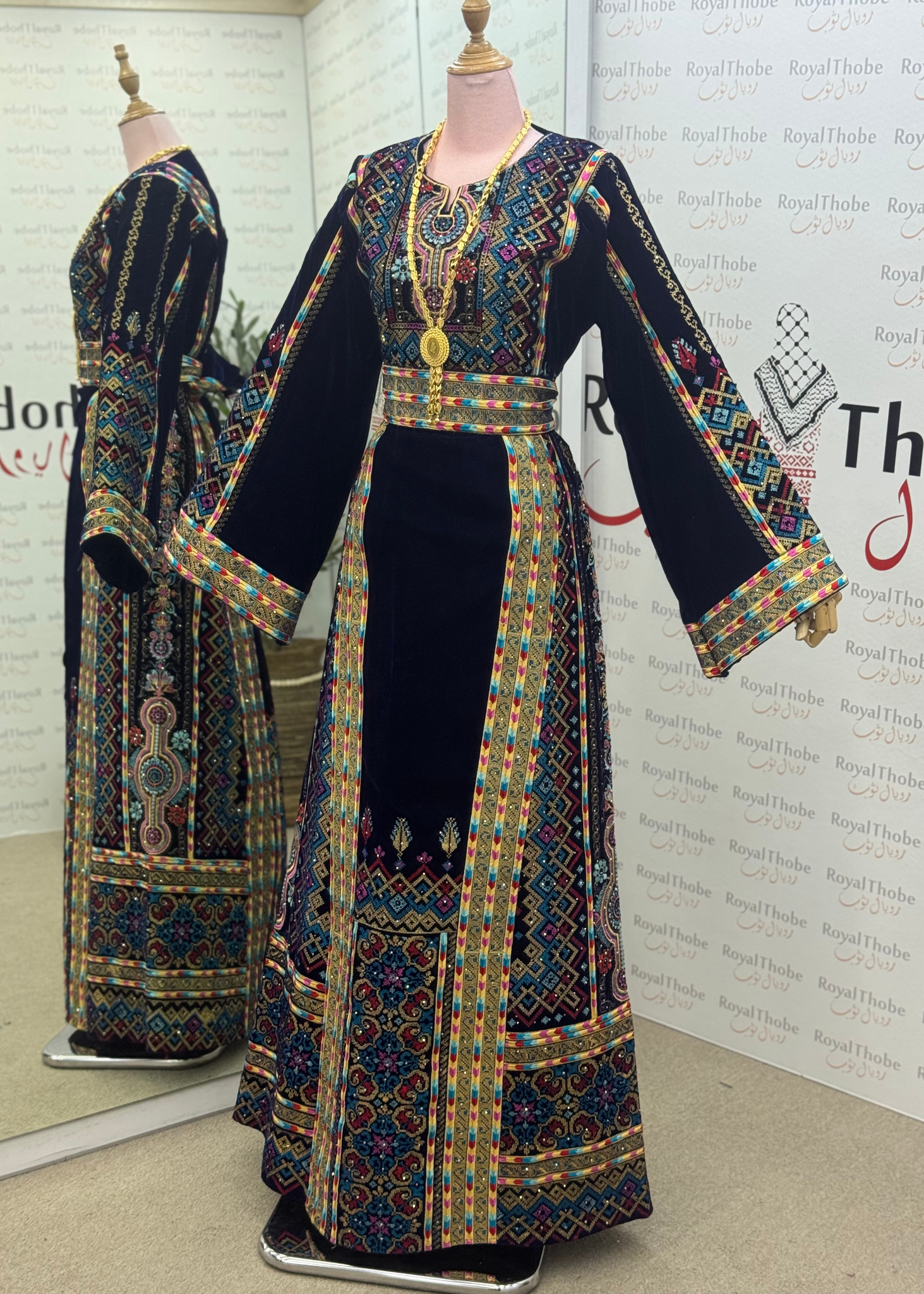 Velvet Navy Blue Dimond Long Full Embroidered Thobe