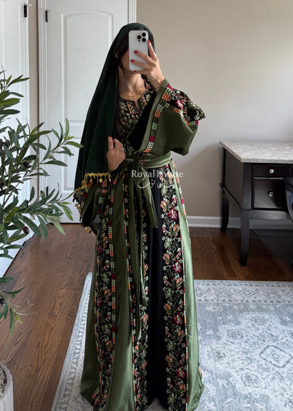 Black/Olive Green Orange Floral Long Full Embroidered Thobe