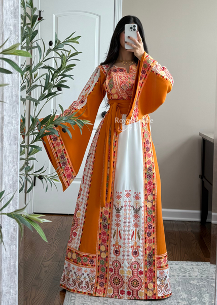White/ Mustard Orange Maleka Floral Long Embroidered Thobe