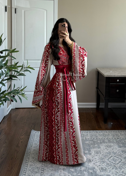 Beige/ Burgundy Zaytona Branches Full Embroidered Thobe