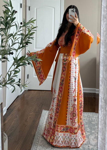 White/ Mustard Orange Maleka Floral Long Embroidered Thobe