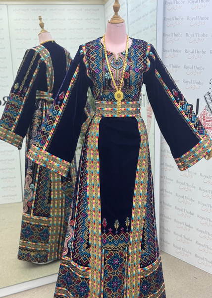 Velvet Navy Blue Dimond Long Full Embroidered Thobe