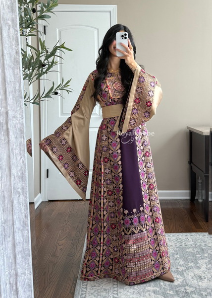 Purple/Beige Floral Long Full Embroidered Thobe With Reversible Beige Satin Belt